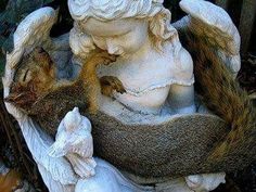 a squirrel sleeping on top of a statue