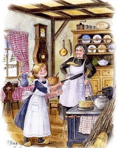 two women in aprons are making bread at the kitchen counter with an old fashioned oven