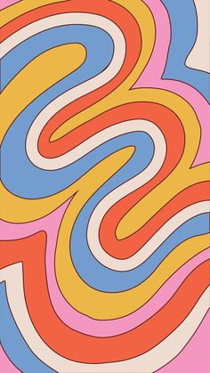 an abstract painting with wavy lines in pink, blue, yellow and orange on a white background