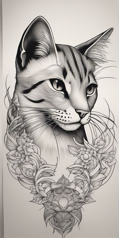 a black and white drawing of a cat with flowers on it's neck, in front of a mirror