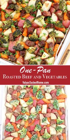 one pan roasted beef and vegetables with broccoli in the bottom, and another side