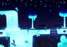 an animated scene with trees and plants in the background at night, while blue light is shining on the ground