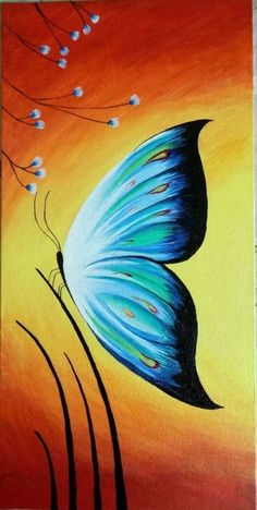 an acrylic painting of a blue butterfly on a yellow and orange sky background