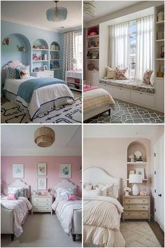 four pictures of different rooms with white furniture and pink walls, including a bed in the middle