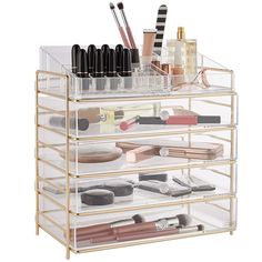 Beautify Large 5 Tier Clear Acrylic Cosmetic Makeup Storage Cube Organizer with 4 Drawers, Upper Compartment with Champagne Gold Frame - H14.4 x L13.5 x W9.4 Inches #affiliatelink Cute Makeup Vanity, Home Office Dressing Room, Dressing Table Inspo, Skincare Organisation, Office Beauty Room, New House Shopping List, Skin Care Storage, Office Dressing Room