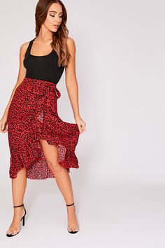 Murphy Red Leopard Print Wrap Front Frill Midi Skirt. Next day delivery available until 10pm. Order Now! Print Skirt Outfit, Twin Girls Nursery, Red Leopard Print, Knit Maxi Skirt, Red Leopard, Statement Dress, Printed Midi Skirt, Animal Print Dresses, Print Skirt