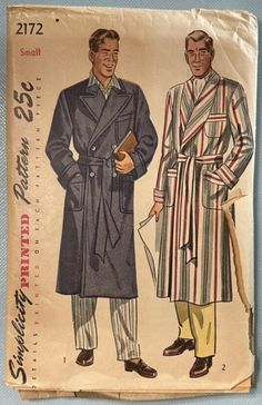 Mens Robe Pattern Simplicity 2172 Size Small 34 36 1940's Vintage Patch Pockets Bathrobe Pattern, 1950s Jacket Mens, Mens Dressing Gown, Cargo Jacket Mens, Mens Sewing Patterns, Blithe Spirit, Green Cargo Jacket, Vintage Pajamas, 1950s Mens