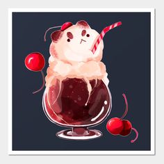 an ice cream sundae with cherries around it