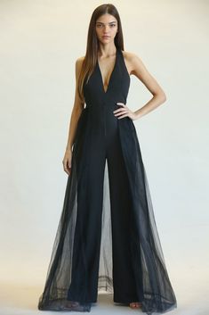 Jarka - Halter Neckline Jumpsuit/Dress. Sleek Jumpsuit, Layered Tulle Skirt, Wide Leg Pant, Black Friday Shopping, V Cut, V Cuts, Halter Neckline, Black Outfit, Dress Codes