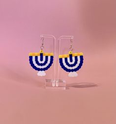 Hannukah Menorah perler bead earrings Hannukah Menorah, Perler Bead Earrings, Bead Animals, Earrings Ideas, Hanukkah Menorah, Iron Beads, Melting Beads, Beaded Earrings Patterns, Beads Earrings