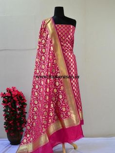 Banarasi Salwar Kameez Semi Katan Silk Zari Buta Work Fabric With Jaal Dupatta-Pink Dress Salwar Kameez, Brocade Dresses, Katan Silk, Exclusive Dress, Designer Dresses Indian, Indian Designer Wear, Dress Material