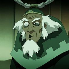 an animated character with white hair and beards wearing a green outfit, standing in front of a wall