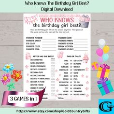 Who Knows The Birthday Girl Best Game, Printed Birthday Game, Instant Download, This or That, For Her, Birthday Girl Trivia Introducing "Who Knows the Birthday Girl Best," the perfect birthday party game to celebrate your loved one in style! Designed to bring laughter and fun to any birthday gathering, this engaging trivia game lets friends and family find out just how well they know the birthday girl. With intriguing questions and entertaining challenges, players will enjoy a memorable experience that sparks conversation and creates lasting memories. Whether you're hosting a teen birthday party or a gathering for all ages, this printable birthday activity is a must-have to elevate the celebration. Get ready to test your knowledge and see who truly knows her best with this delightful birth Fun Games For Birthday Parties, Birthday Questionnaire, Teen Birthday Games, Birthday Trivia, Birthday Gathering, Birthday Quiz, Birthday Party Game, Perfect Birthday Party, Birthday Activities