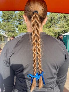 Double Twists w/ Ribbon Hair With Ribbon, Sporty Hair, Softball Hair, Volleyball Hair, Soccer Hair, Sports Hair, Softball Hairstyles, Sport Hair, School Hair