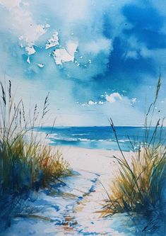 a watercolor painting of a path to the beach with sea oats in the foreground