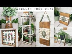 dollar tree diy's made from recycled wood and fabric, with plants in the background