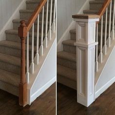 two pictures of stairs and banisters in a house