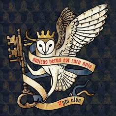 an owl with a crown on its head holding a wrench and banner in his hands