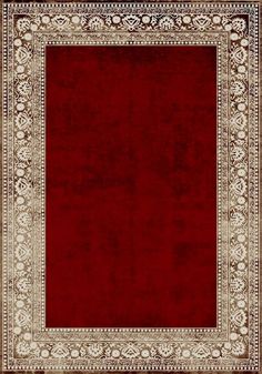 a red area rug with an ornate border on the top and bottom, in white trimmings