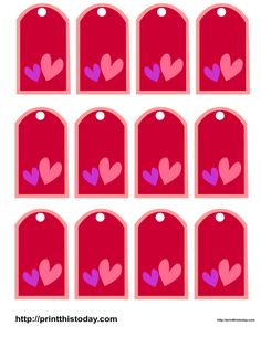 valentine's day printable tags with hearts in pink and purple on red background