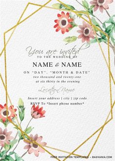 a wedding card with watercolor flowers and gold geometric frame on the front, in white background