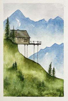 a painting of a house on top of a hill