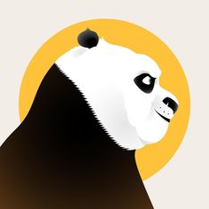 a panda bear with an apple on its head in front of a yellow circle background