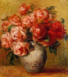 a painting of roses in a vase on a table