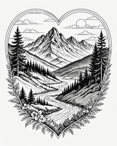 a drawing of mountains and trees in the shape of a heart with an image of a mountain