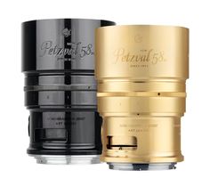 two camera lenses side by side, one black and the other gold with white lettering