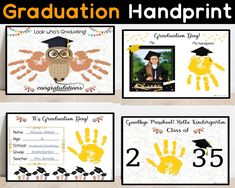 graduation handprints are displayed on the wall in front of a photo and an owl