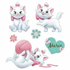 a couple of cats sitting next to each other on top of a white surface with flowers and hearts