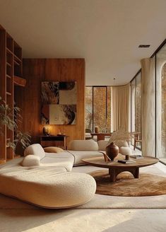 a living room filled with lots of furniture next to a tall glass wall covered in windows