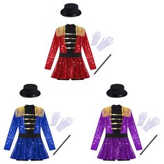 three different colored costumes with hats and gloves