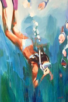 a painting of people diving in the water