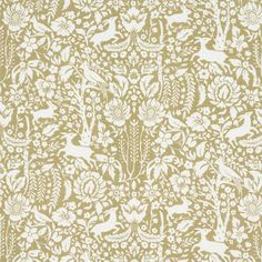 an intricately designed wallpaper with birds and flowers in gold, white and beige