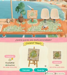 an image of a table with chairs and paintings on it, in the game animal crossing