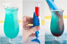 three pictures of different types of cocktails with toothbrushes in them and one is blue, the other has red