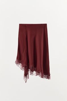 LACE TRIM SLIP SKIRT - Dark red | ZARA United States Lace Midi Skirt, Silk Set, Burgundy Lace, Red Skirt, Cardigan Sweater Jacket, Slip Skirt, Tshirt Skirt, Red Skirts, Estilo Boho