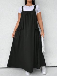 Plus Size Women Solid Casual Side Pocket Loose Long Overall Dress Black   Sleeveless Woven Fabric Plain Pinafore Non-Stretch  Women Plus Clothing, size features are:Bust: ,Length: ,Sleeve Length: Maxi Overall Dress, Black Overall Dress, Contemporary Clothes, Casual Work Outfits, Overall Dress, Black Sleeveless, Work Casual, Side Pocket, Dress P