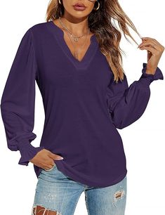 Skin-Friendly Material -- Made of 60%Polyester, 35%Rayon, 5%Spandex. The long sleeve blouse is stretchy, soft and lightweight. Provide you a pleasing wearing experience.
Design -- Classic V-neck and long sleeve design can well modify your neck and arms, make you look more slender and charming.
Matching -- Simple and never outdated style. It is perfect wear with jeans, denim shorts, legging pants and high heels sandals or sneakers. High Heels Sandals, Early Fall Outfit, Loose Outfit, Puff Sleeve Blouse, Heels Sandals, Experience Design