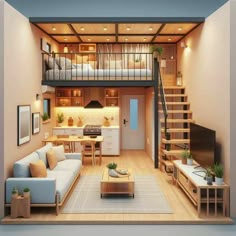 a living room filled with furniture next to a staircase