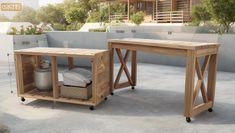 two wooden tables sitting next to each other on top of a cement floor covered patio