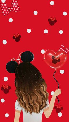 a painting of a girl holding a heart shaped balloon with minnie mouse ears on it