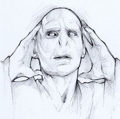 a drawing of a man with his hands on his head