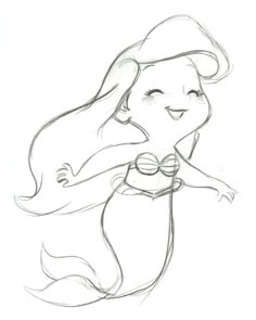 a drawing of a little mermaid with her arms around the back of her head, smiling