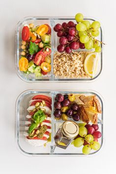 two plastic containers filled with food on top of a white tablecloth and an instagram page