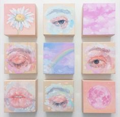 six square paintings with pink, blue and white designs on them are arranged against a white wall