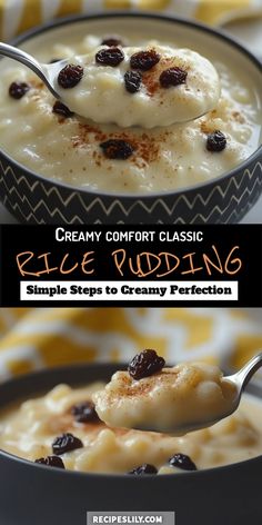 a bowl filled with pudding and topped with raisins