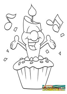 a cartoon cupcake with candles and confetti on it, outlined in black and white